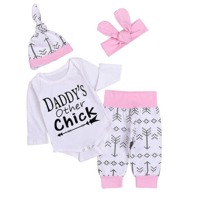 

Infant Baby Clothing Sets Cotton RomperPantsHat Headband 4pc Letter Print Baby Autumn Clothes Suits