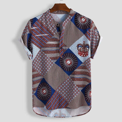 

Toponeto Mens Printed Henry Collar Short Sleeve Casual Loose Top Shirt Blouse