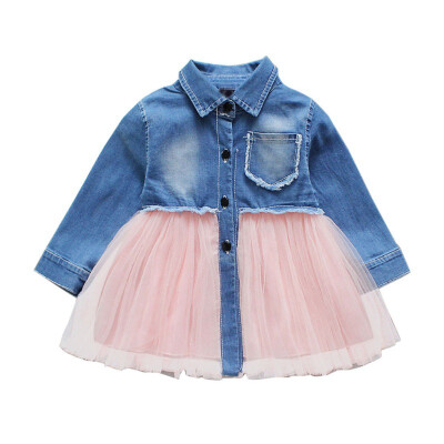 

Autumn Baby Girl Dress Children Clothing Kids Patchwork Design Dresses Long Sleeve Casual Denim Mesh Sundress Outfits Size -3XL