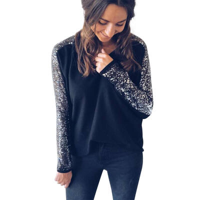 

Women T-Shirt Long Sleeve V-Neck Sequin Decor Stitching Autumn Fashion Tops