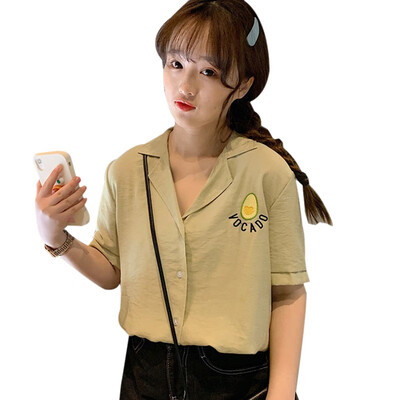 

Women Fresh Blouse Short Sleeve Embroidery Turn-down Collar Casual Loose Single Breasted Chiffon Blouse New