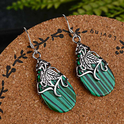 

1Pair Vintage Women Small Dangle Earrings Green Stripe Shell Antique Silver Color Water Drop Earring Ethnic Indian Jewelry Boho