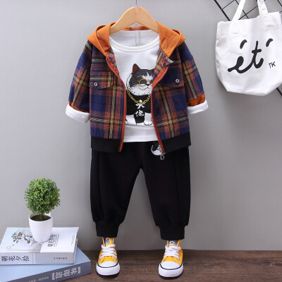 

Autumn Baby Boy Long Sleeve Cartoon Print T-shirt&Plaid Zipper Hoodie Coat &Solid Color Trousers 3pcs Casual Outfits