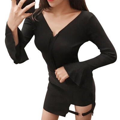 

Fashion Women T-Shirt V-Neck Ruffled Sleeve Slim Fit Autumn Sexy Retro Tops