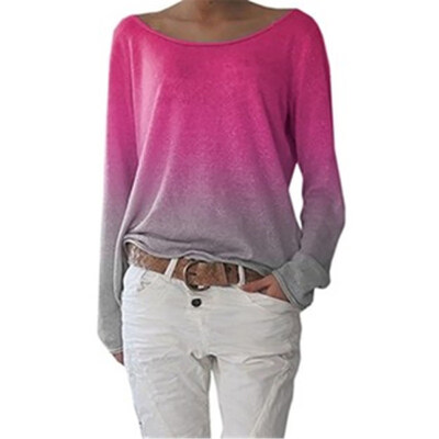 

Autumn Fashion Gradient Color Women Round Neck Long Sleeve Loose T-Shirt Top