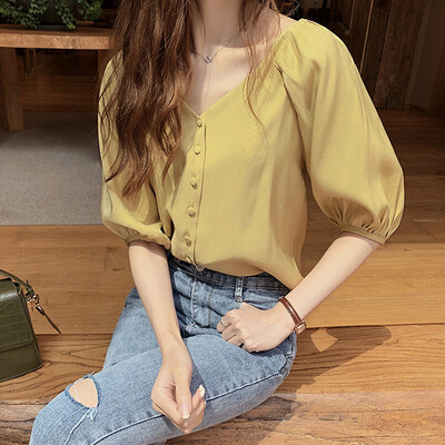 

Summer Tops for Women Blouses White Sexy Puff Sleeve Blouse Female Shirts Ruffle Top Streetwear Korean V Neck Clothing