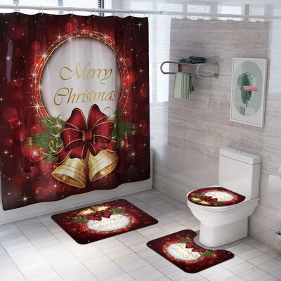 

Christmas Print Shower Curtain Carpet Mat Combination Bathroom Toilet Mat Bathroom Curtain Set 3 Piece Set