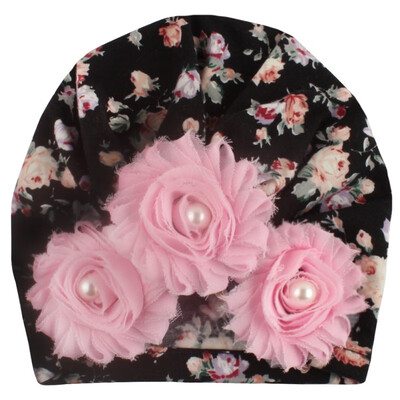 

2019 Autumn Winter Soft Cute Newborn Baby Flower Pearl Design Girls Caps Infant Hat Turban Elastic Caps