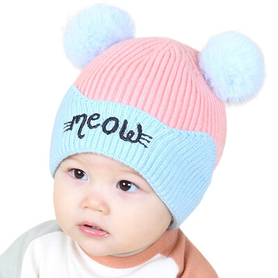 

Winter Newborns Hats Cute Warm Kids Girls Boys Baby Letters Print Plush Ball Design Hats Knitted Hemming Caps