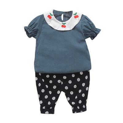 

Summer Baby Girl Clothes Embroidery Cherry Print Short Sleeve T-shirt Blouse Dot Pants Casual Clothes