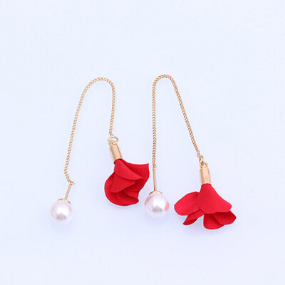 

Pearl Sterling Silver Earrings Elegant Earrings Long Flowers Earrings Fringed Fabric Simple Earrings