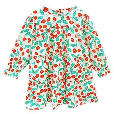 

Casual Baby Girl Cherry Printed Long Sleeve Dress Outfits Kids Toddler Sweet Princess Dress Playwear Clothes