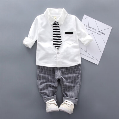 

Baby Boy Clothes Fashion Solid Print Long Sleeve Shirt Blouse Plaid Trousers Casual Outfits Clothes