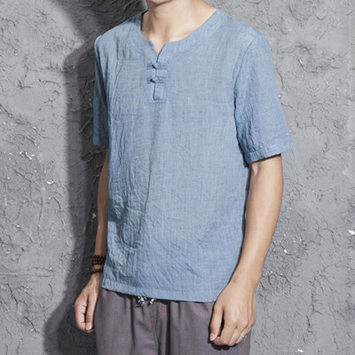 

Toponeto Mens Linen Short Sleeve Solid Color Crew Neck Loose Casual T Shirt Blouse