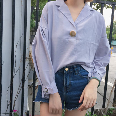 

Women New Autumn Shirts Notched Single Button Solid Color Blouses Fashion Lace Up Cuff Long Sleeve Blouses