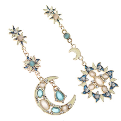 

Long Drop Earrings Asymmetric Dangle Moon Star Sun Gold Crystal Rhinestone Blue
