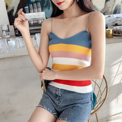 

Women Rainbow tops fashion top casual Stripe Print Wrapped Chest Slim Knitting Vest Bottoming Stretch Sling Bottoming Camisole