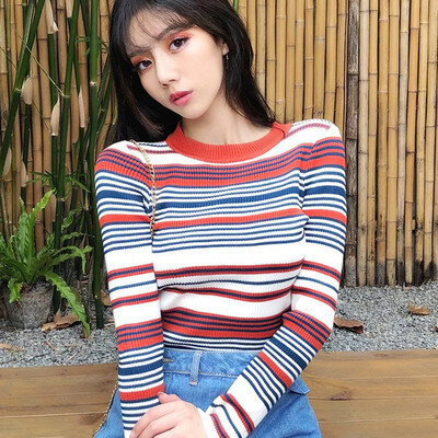 

Stripe Sweater Women Contrast Knitted Pullover 2019 Long Sleeve 0-neck Knitwear Fashion Slim Female Korean Jumper clothing