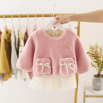 

Girls Winter Autumn Lace Round Collar Princess Casual Solid Color Plus Velvet Sweet Long Sleeve Dress