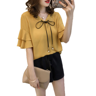 

2018 Summer Lace-up With Pearl Chiffon Women Blouse V neck Petal Sleeve Blouse Shirt Sweet short sleeve Blouses Plus SIZE
