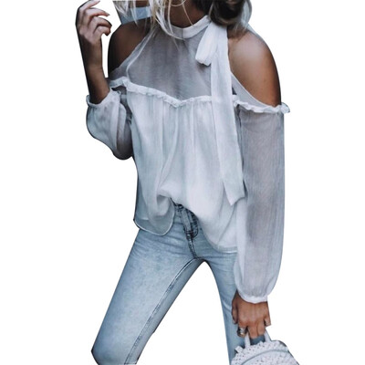

Women Shirt Sexy Cold Shoulder Tops Casual Halter Neck Knitted Top Long Sleeve Shirt Blusas Camisas Mujer