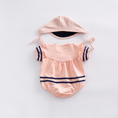 

Summer Baby Cotton Striped Pattern Infant Short Sleeve JumpsuitHat Newborn Romper Set