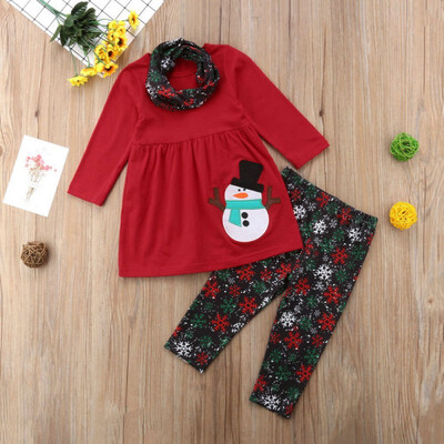 

Christmas Baby Girl Cotton Long Sleeve Cartoon Print T-shirt Trousers Warm Scarf Toddler Casual Outerwear Clothes Set