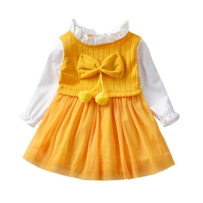 

Autumn Casual Baby Girls Bowknot Design Long Sleeve Fake 2 Piece Mesh Dress Kids Princess Sundress 2019