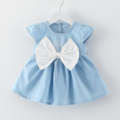 

Cute Baby Girls Children Kids Bow-knot Design Denim Baby Summer Style Casual Wear Short Sleeve Mini Dress Clothes