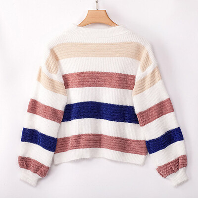 

Women Color Striped Drop Sleeve Over-sized Crew neck Sweaters Knitted Pullover Jumper Tops