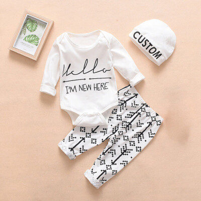 

Spring Autumn Casual Baby Printing Long Sleeve Romper And Trousers And Hat Kids Three-piece Outfit Set