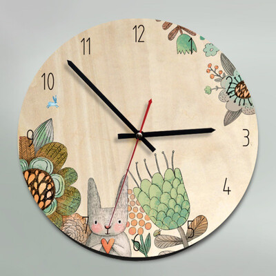 

New Modern Circular Wood Mechanical Needle Wind Childrens Bedroom Cartoon Mute Cute Wall Clock Decor For Study Room No Noise