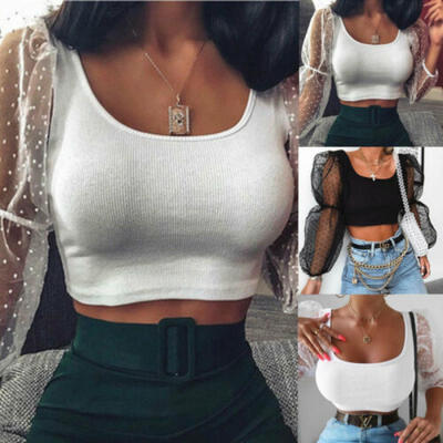 

New Women Cropped Slim Tops Sheer Tee Casual T-shirts Mesh Puff Sleeve Blouse