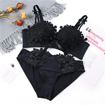 

Women Lace Oriental Cherry Bra Sets Sexy Padded Push Up Lace Bras Cotton Crotch Low Waist Lace Panties Suits