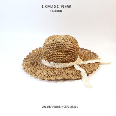 

New hat summer hand hook lace straw hat outdoor sunshade sun hat Big Brim Sun Hat parent child Korean basin hat