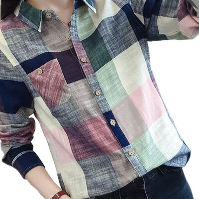 

Fashion Womens Tops&Blouses Korean Style Female Matching Color Long Sleeve Loose Plaid Shirt Top blusas mujer de moda