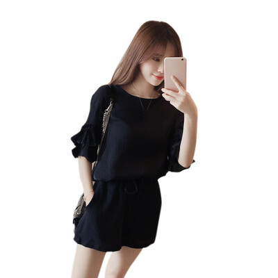 

womens set 2pcs summer O-neck Short Sleeve T-shirt Loose Shorts women sets clothes Solid Color Elastic Waist Flare Sleeve Set