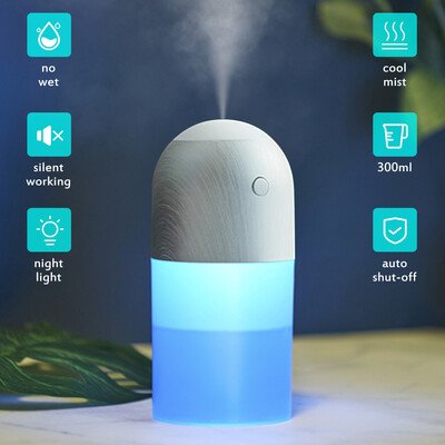 

USB Charging Desktop Mini Cool Mist Humidifier 300ml Air Sprayer Auto Shut-off Continuous Intermittent Modes Color Changing LEDs N