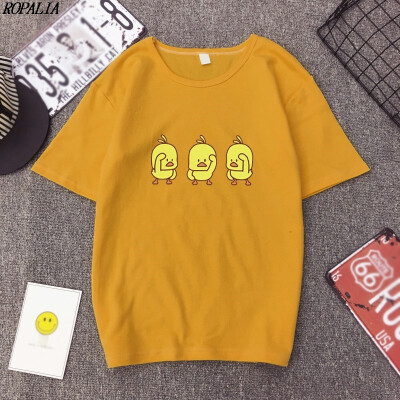 

Womens Round Neck Cartoon Yellow Ducks Print Short Sleeve T-Shirt