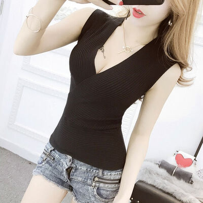 

Women Deep V Neck Bottoming Out Sleeveless Vest Low-cut Cross Straps Elastic Sleeveless Knitting Tank Top