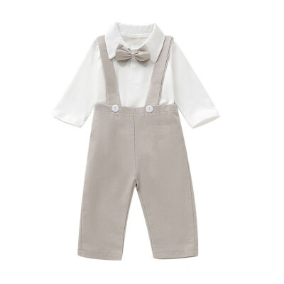 

Spring Summer Autumn Infant Baby Boy Cotton Long Sleeve Romper Casual Gentle Solid Color Bowknot Romper TopsStrap Pants Outfits