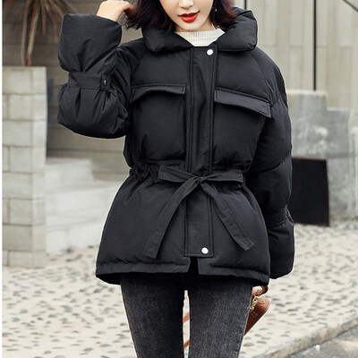

Tailored Women Fashion Stand Collar Zipper Drawstring Pocket Cotton-padded Clothes Coat