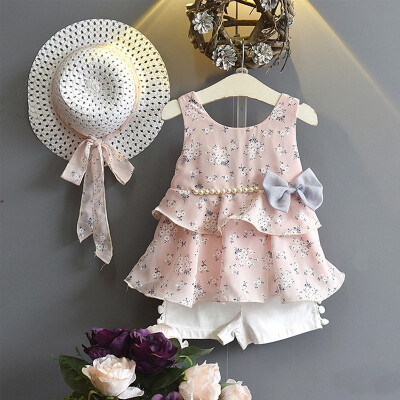 

Baby Girls Casual Summer Floral Printed Bow Pearl Chiffon Set with Hat Clothes Tops Pants Set 3pcs 1-6T Toddler Girls Clothes
