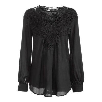 

V neck Patchwork Lace Blouse Shirts Women Fashion Clothing WhiteBlackRed Long Sleeve Shirts Ladies Chiffon Summer Top