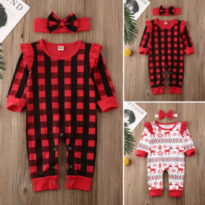 

US Christmas Infant Baby Girl Clothes Plaids Deer Print Romper Xmas Party Outfit