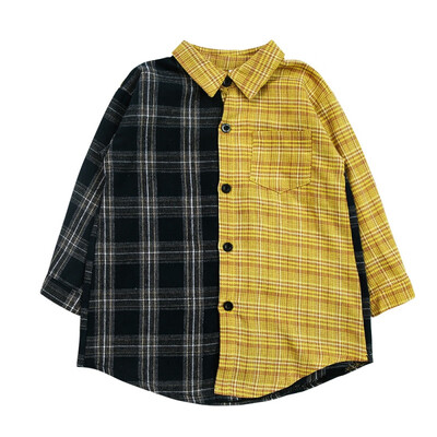 

Children Kids Girls Plaid Stitching Bottoming Long-Sleeved Shirts Sweet Single-breasted Buckle Lapel Blouse Tops