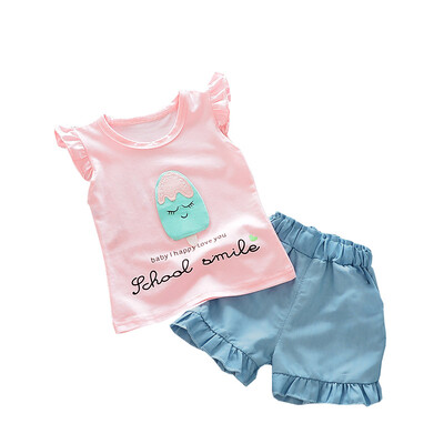 

New Summer Casual Kids Baby Girls Sets Flare Sleeve Cotton Tops T-shirt Shorts 2Pcs Cartoon Girl Outfits 0-4Y