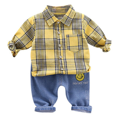 

baby clothes sets 2pcs Autumn Children Boys clothes Casual Long Sleeve Plaid Print Shirt TopsCartoon Denim Pants Trouser Set