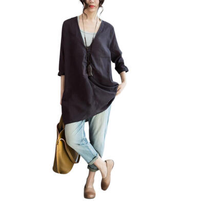 

Women Long Shirts Cotton Linen V-neck Solid Color Sun Protection Clothing