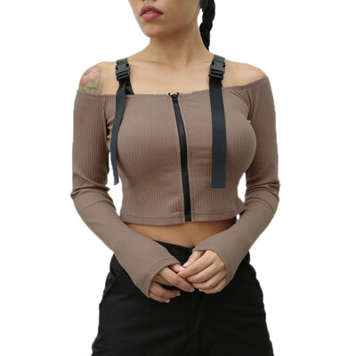 

NEW Women Off Shoulder Sexy Word Collar Solid Color Zipper Strap Knit Long-Sleeved Summer Casual T-Shirt